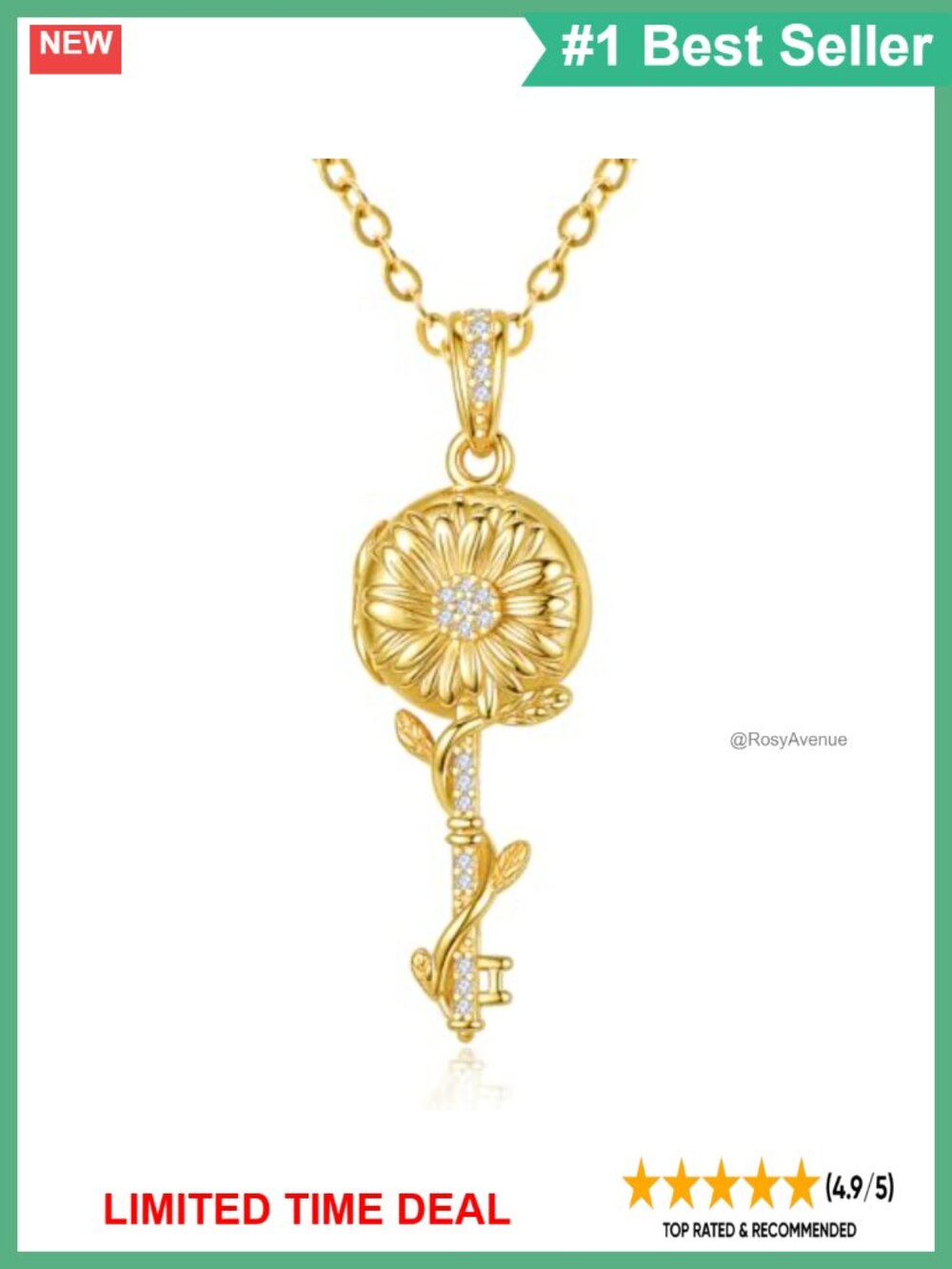 925 Sterling Silver Sunflower Key Pendant Necklace 18+2 Inch Christmas Gift